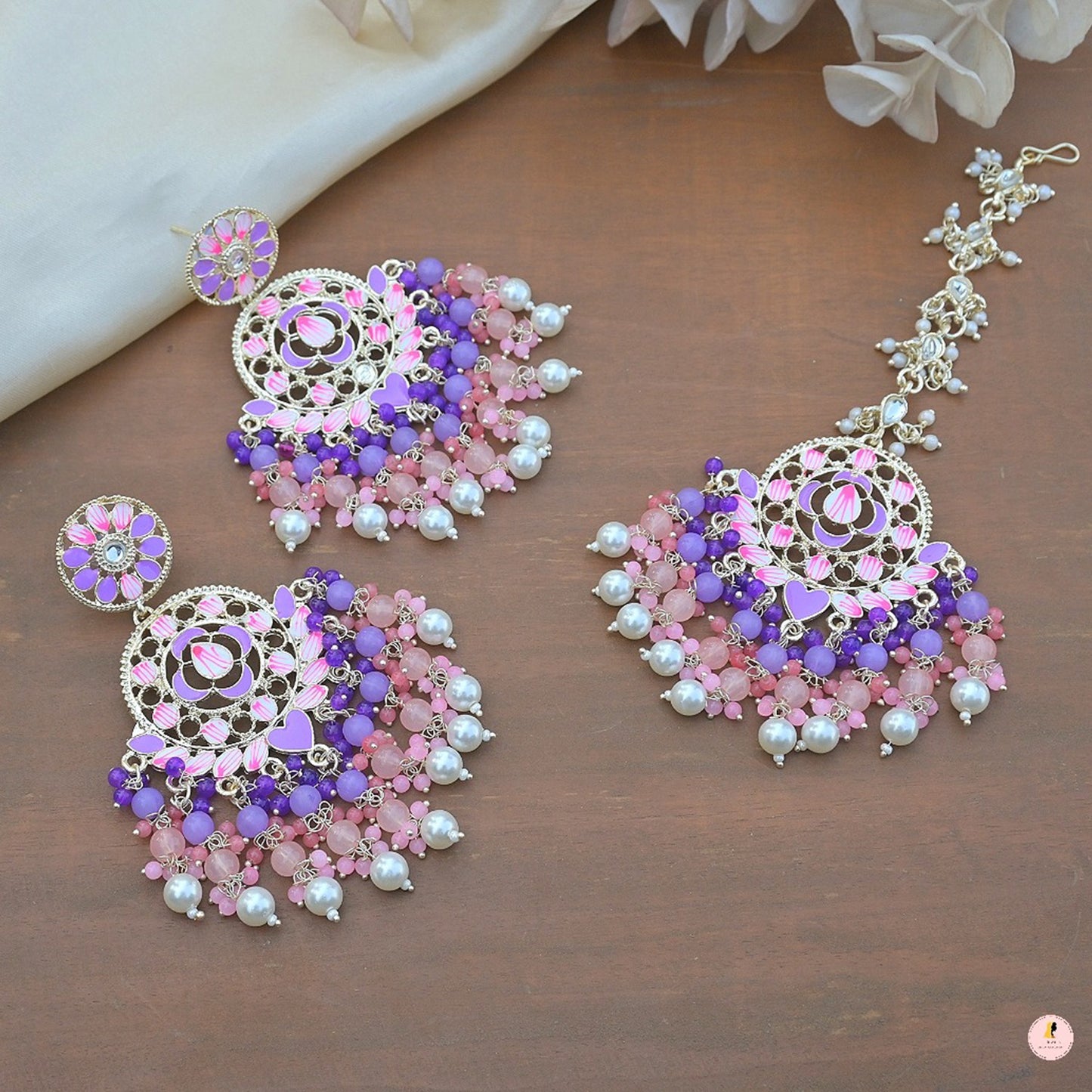 Meenawork Colorful Purple Pearl Earrings Tikka