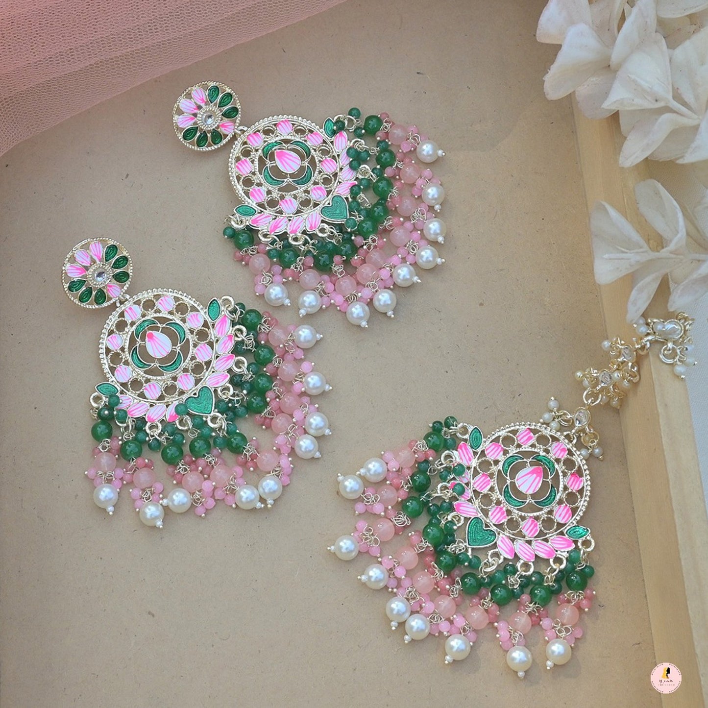 Meenawork Colorful Pearl Earrings Tikka