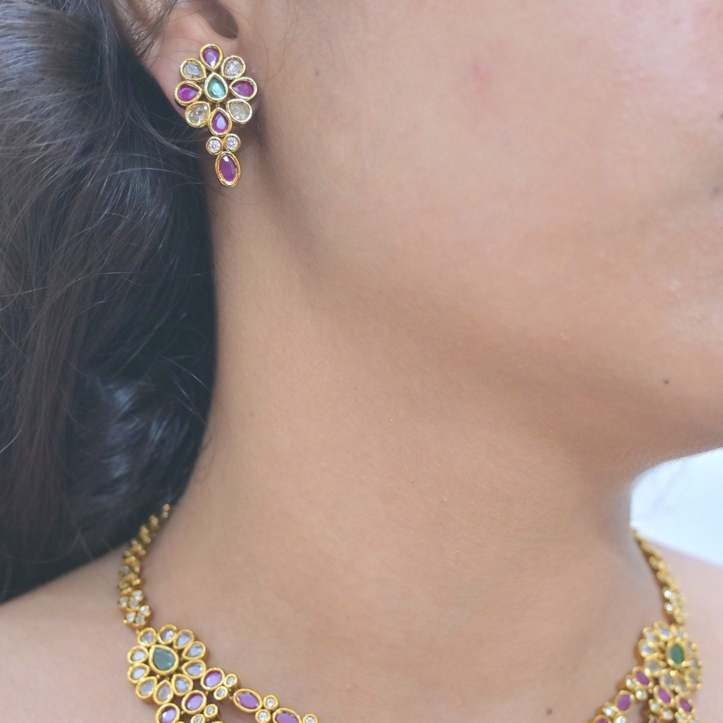 Advika Kempu 3 Line Jewellery Set