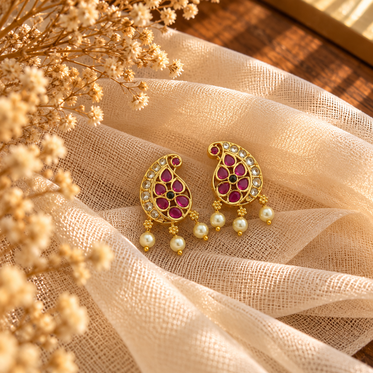 Kempu Pearl Detailed AD Stud Earrings