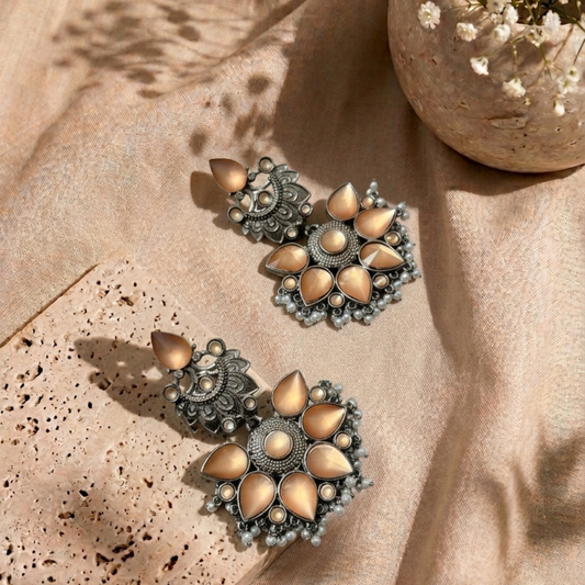 Silver Brass Chandbalis - Peach