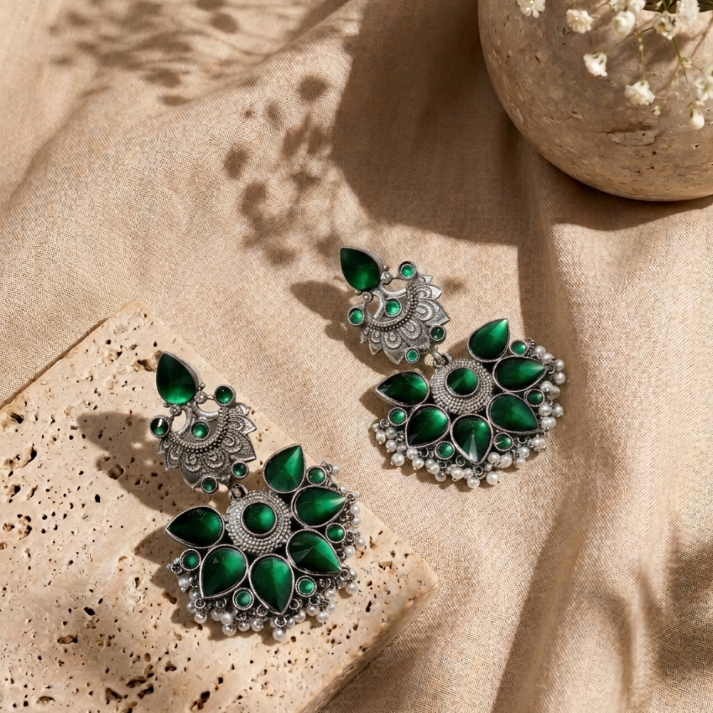Silver Brass Chandbalis - Green