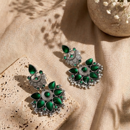 Silver Brass Chandbalis - Green