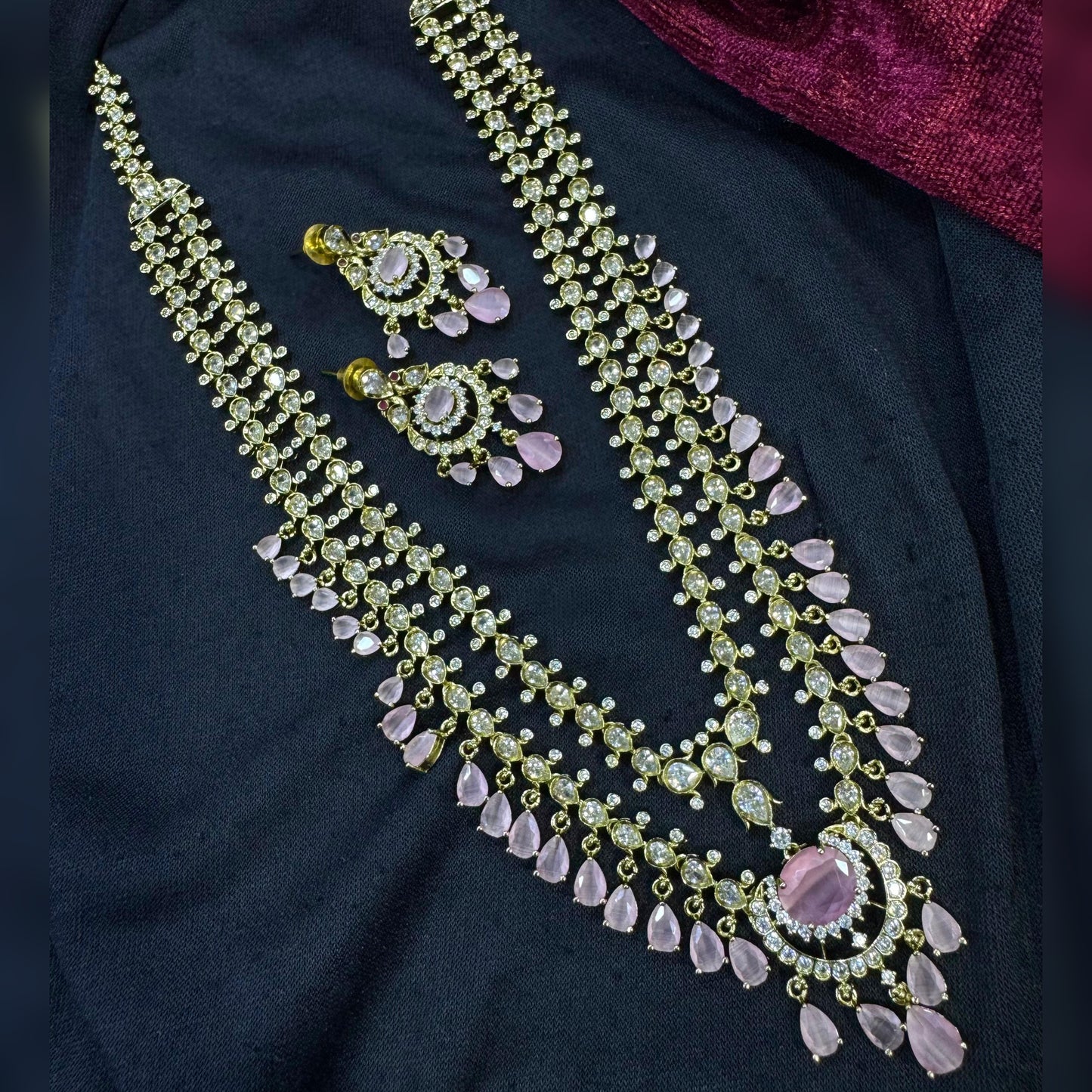 Antique Tone AD Rani Haar - Baby Pink