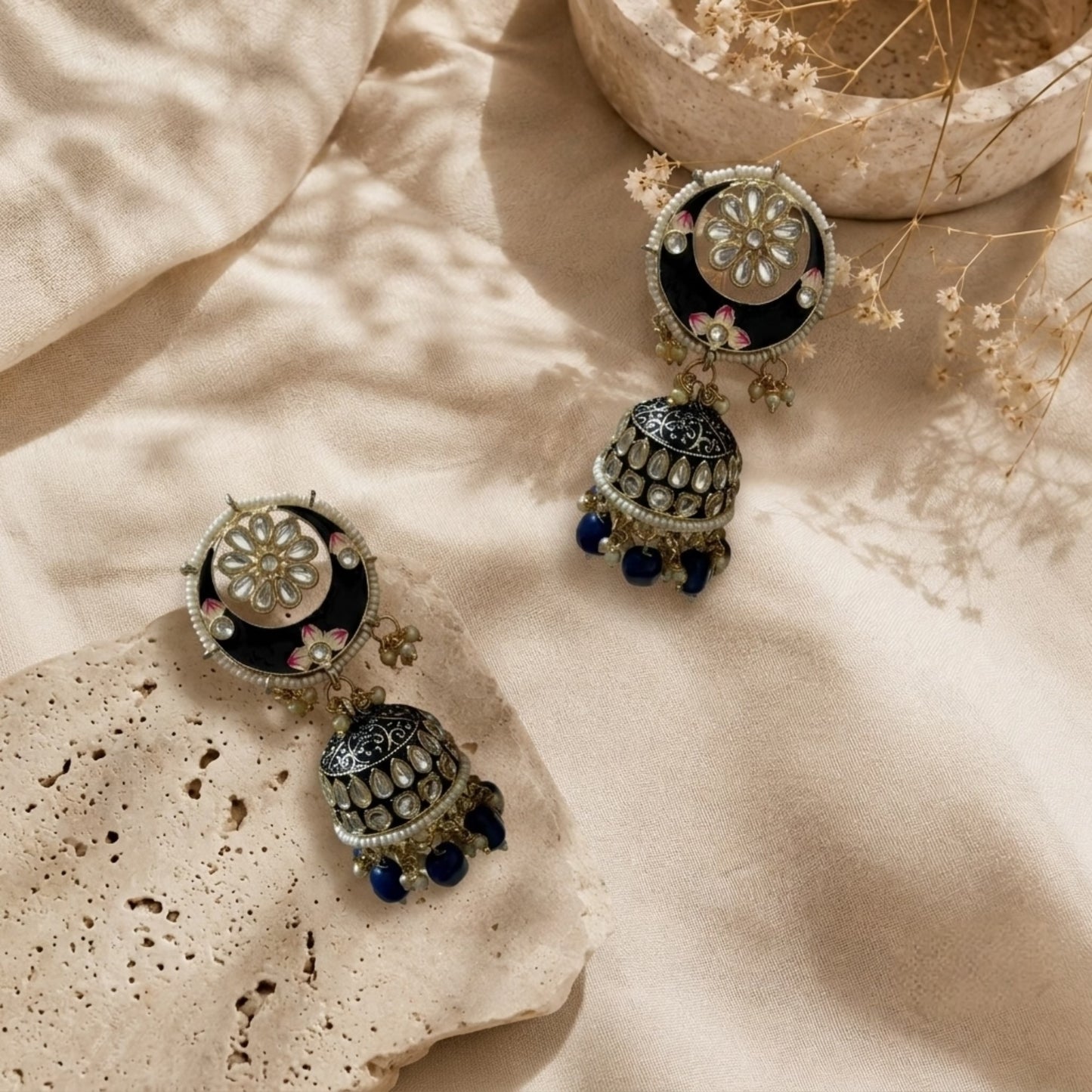 Meenawork Jhumkas - Navy Blue