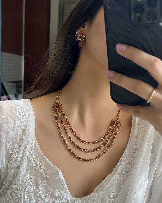 Advika Kempu 3 Line Jewellery Set