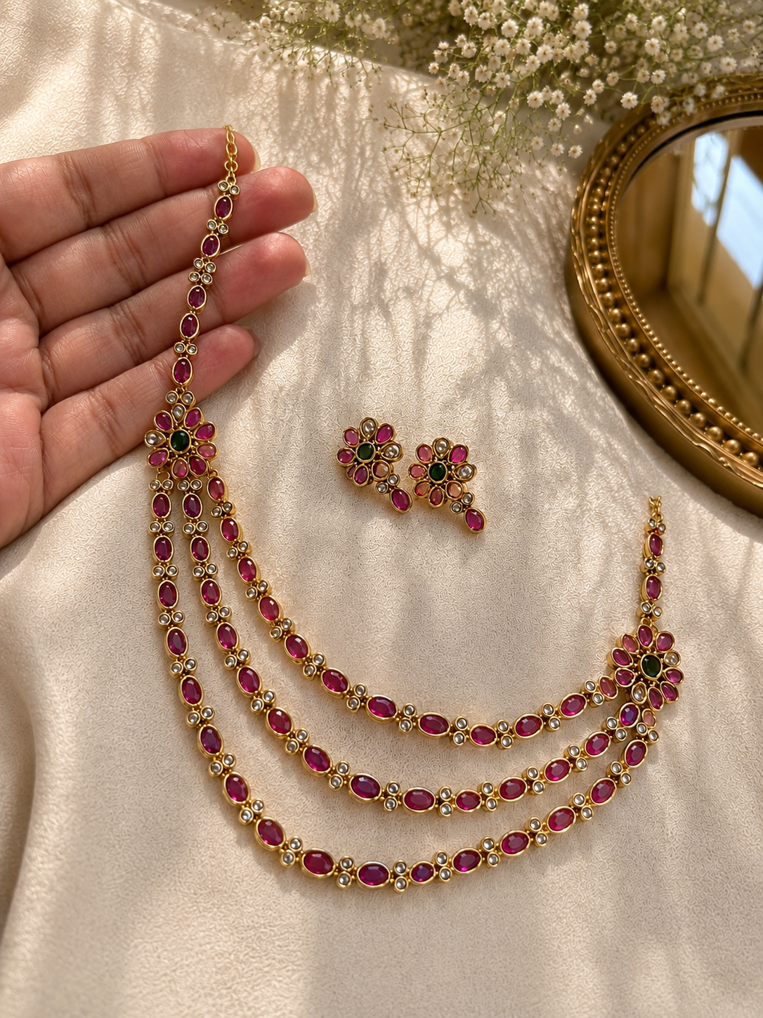 Advika Kempu 3 Line Jewellery Set