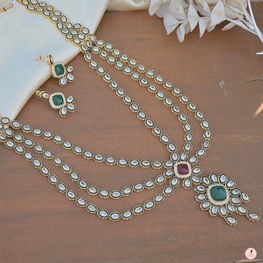 Reverse AD 3 Layered Long Mala Jewellery Set
