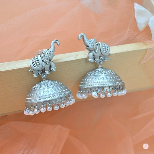 Varalakshmi Elephant Motif Silver Jhumkas