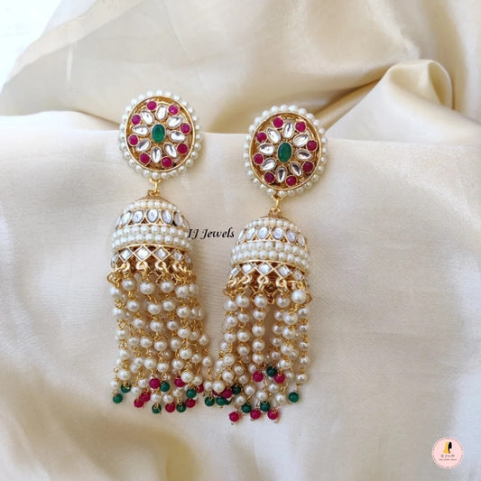 Traditional Jhumkas with dangling pearls