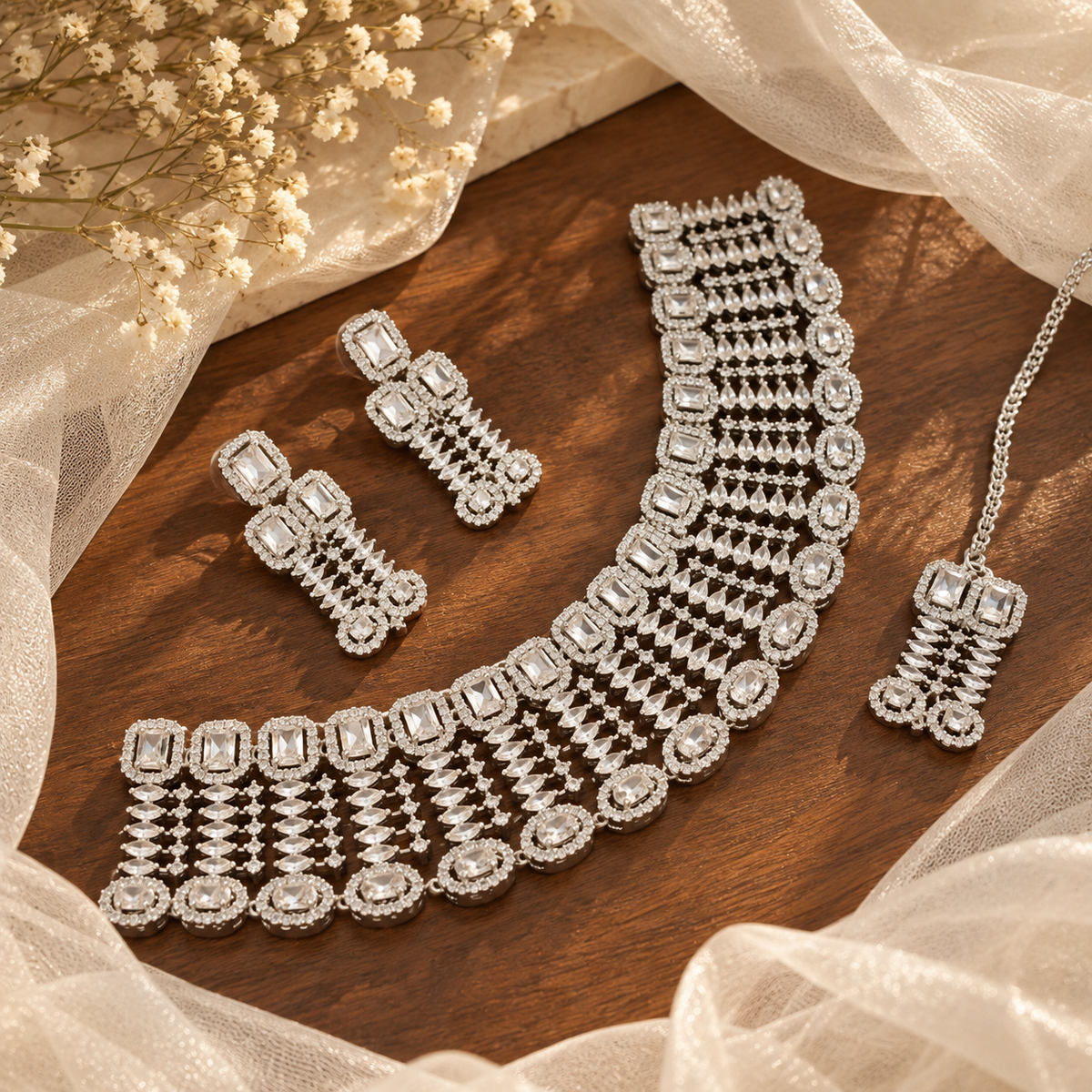 Sushmita Luxe Silver AD Set with Earrings and Tikka