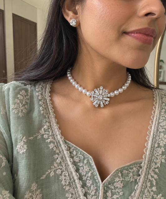 Silver Collar Zircon Choker Set